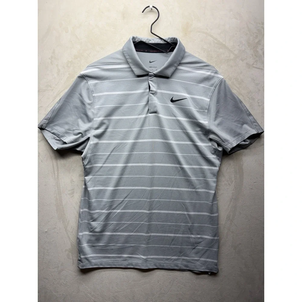 Nike Tiger Woods Golf Polo Shirt Mens S Gray Striped Dri-Fit DR5318-077 Top SS